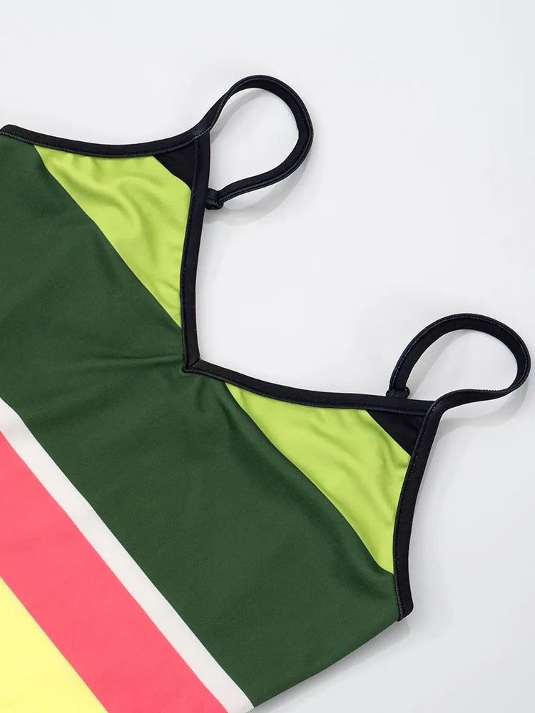 Sexy Summer Beach Mini Dress Colorful Striped Print V Neck Backless Sundresses Woman Vacation Outfits