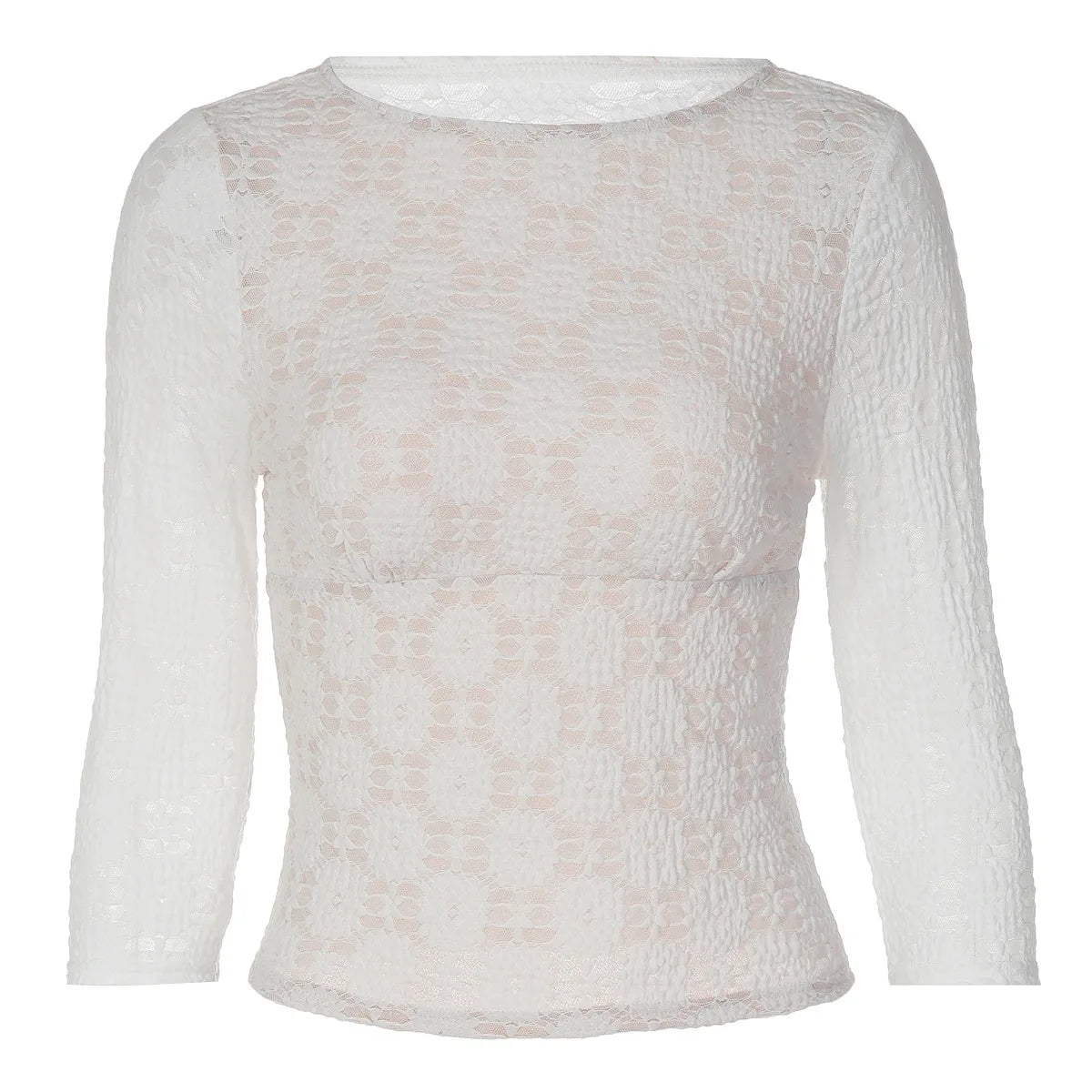 Textured 3/4 Sleeve Top White Floral Lace Crew Neck Fitted Shirts Elegant Women Clothes Autumn 2026