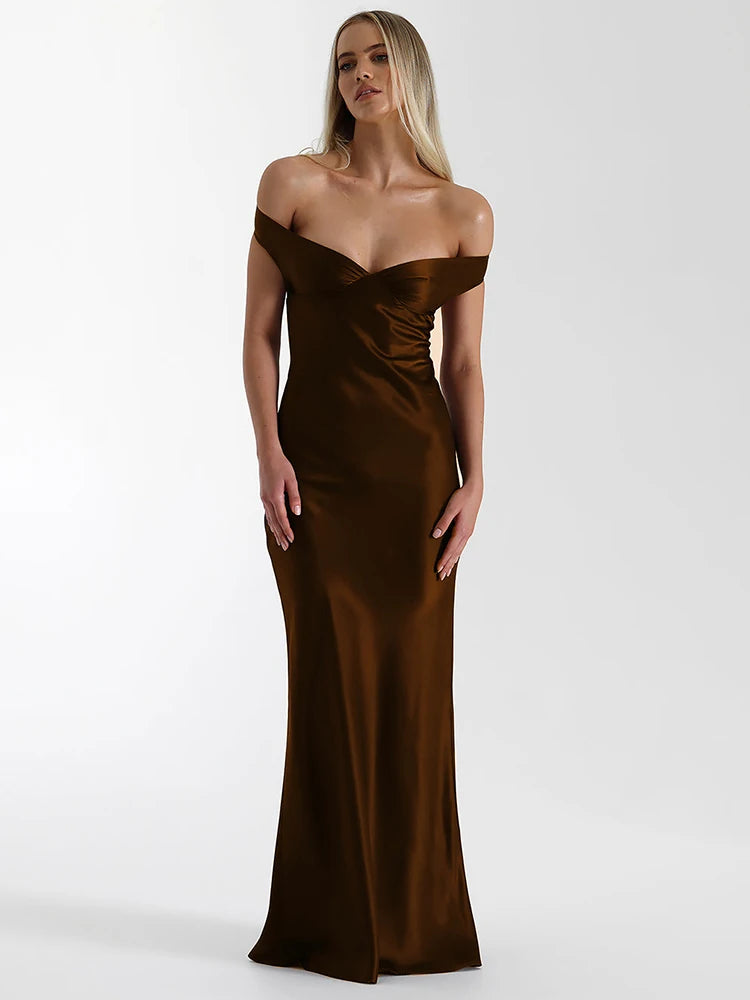 Satin Off-shoulder Backless Sexy Maxi Dress Women Gown Fashion Strapless Sleeveless High Waist Club Party Long Dresses