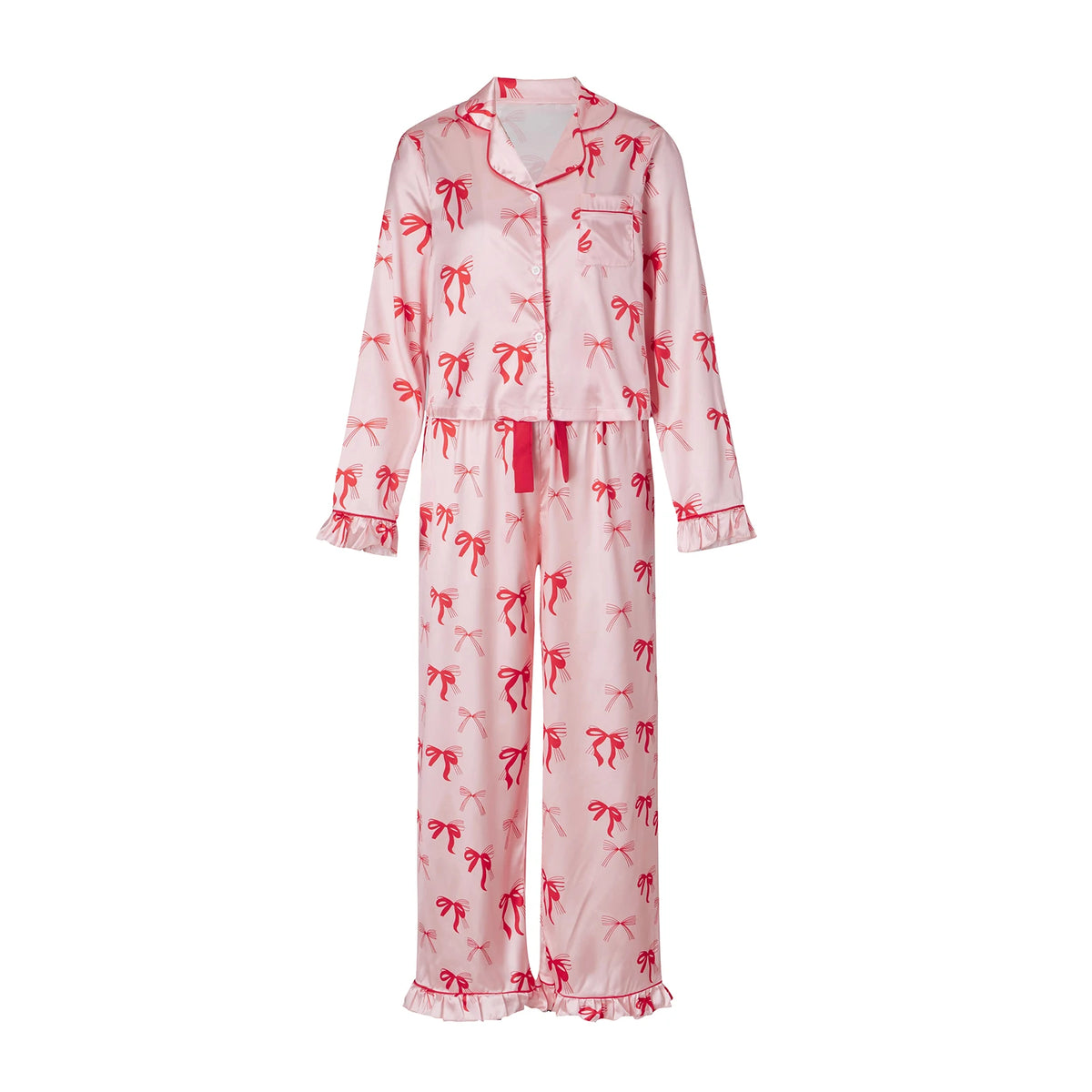 Satin Women Christmas Pajama Set Ruffle Trim Long Sleeve Shirt And Pants Santa Candy Cane Print Holiday Sleepwear