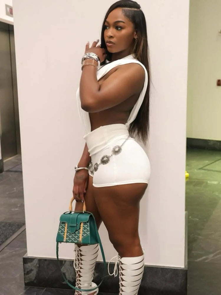 Coquette Women 2 Piece Set hipster Sexy Ruched Shoulder Side Split Bodysuit+Shorts Stretch Matching Midnight Clubwear