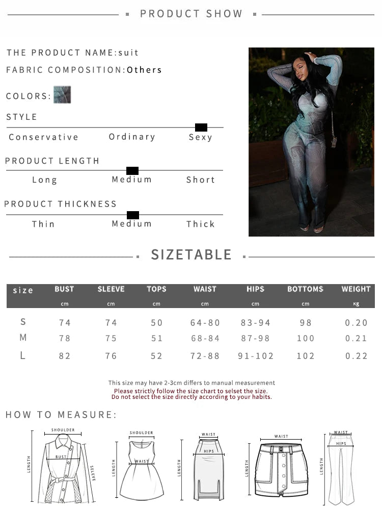 Gradient Print Sexy Women 2 Piece Set See Through Full Sleeve Stretch Crop Tops+Straight Pants Matching Clubwear Outfits