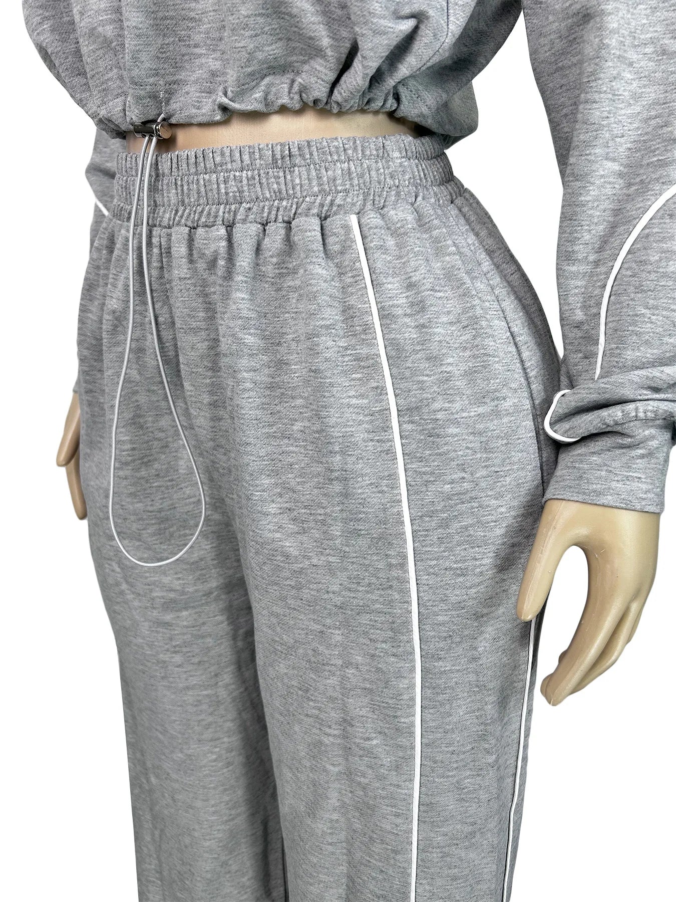 Sporty 2-Piece Set Women Zip Polo-Neck Drawstring Crop Tops+Stripe Pants Matching Simple Casual Tracksuit Streetwear