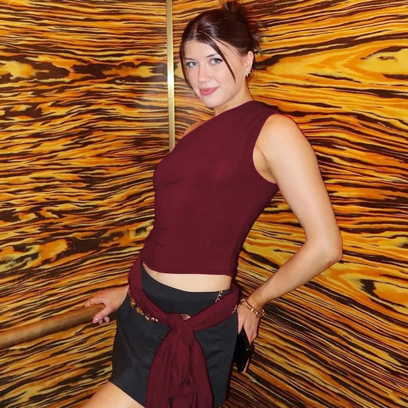 Woman Summer Top Streetwear Lace Up Cut Out One Shoulder Asymmetrical Tank Tops Solid Color