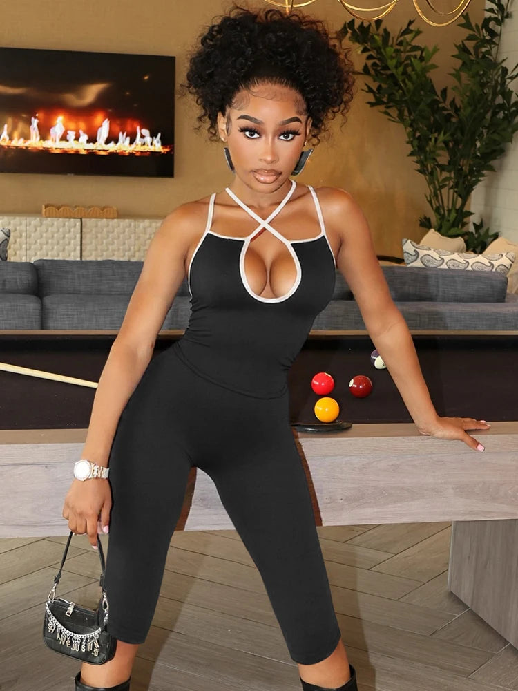 Casual Tracksuit 2 Piece Set Women Contrast Lace-Up Halter Backless Camisole+Stretch Pants Simple Fashion Outfits
