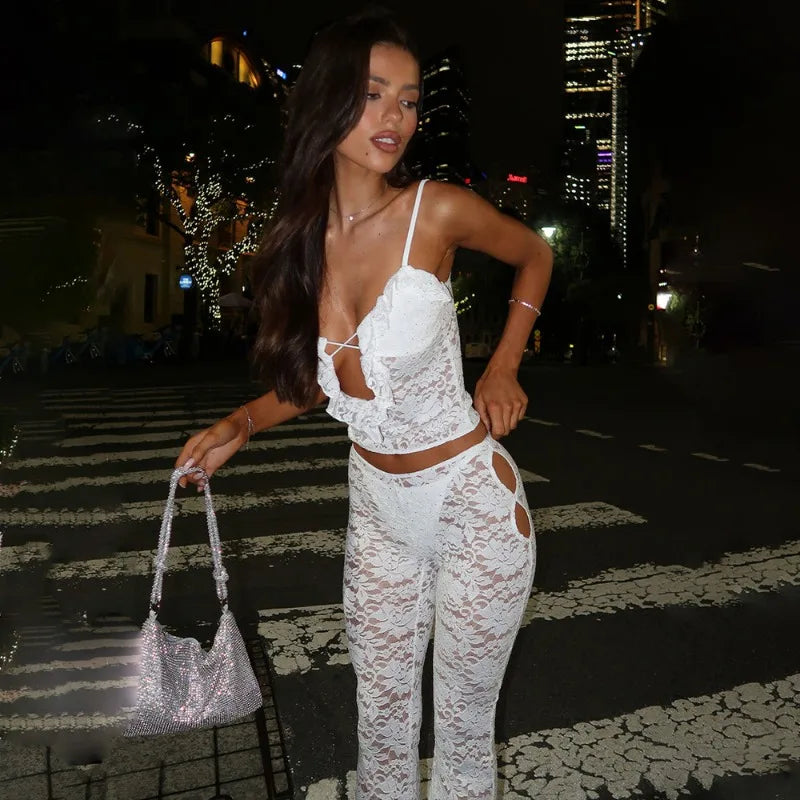 See-through Lace Sexy 2 Pieces Set for Woman Club Outfit Backless Cami Top and Pants Matching Sets