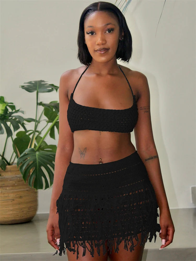 Crochet 2 Piece Set Woman Sexy Beach Vacation Backless Bandage Halter Camisole+Tassel Skirts Party Matching Clubwear