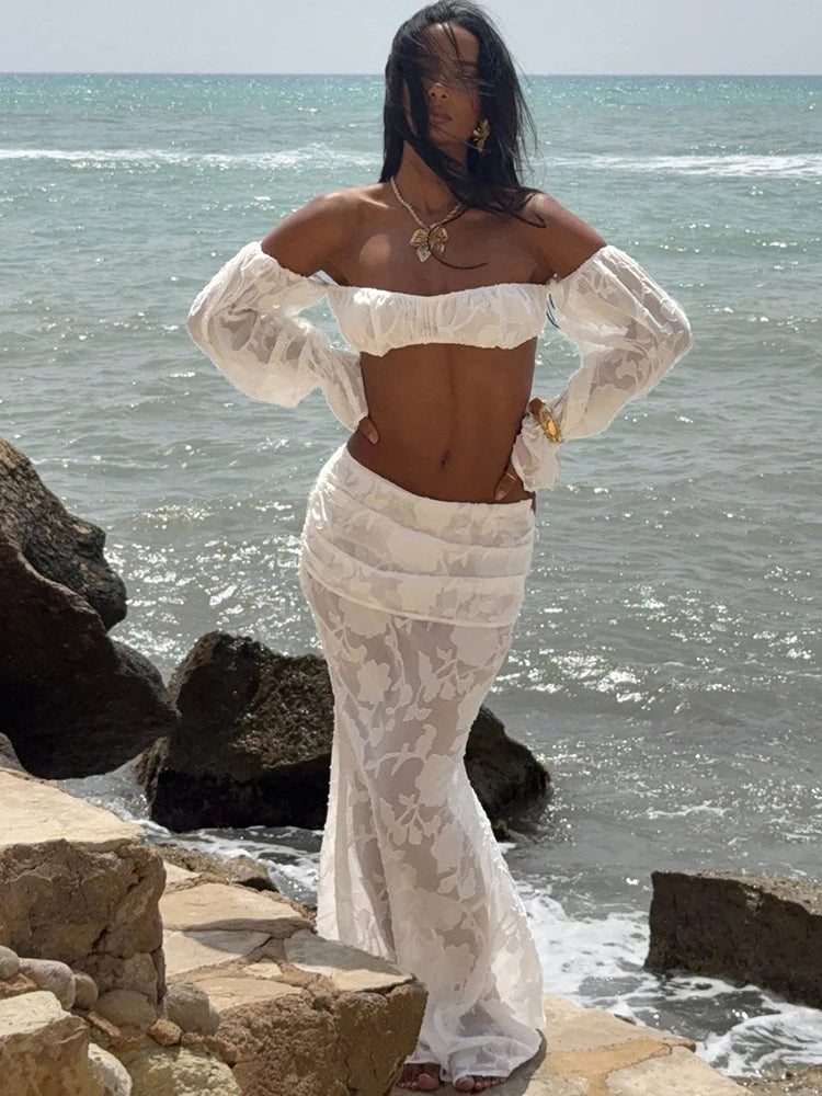 Mesh Patchwork 2 Piece Set Women Sexy Slash Neck Flared Sleeve Crop Tops+A-Line Long Skirts Beach Party Elegant Suits