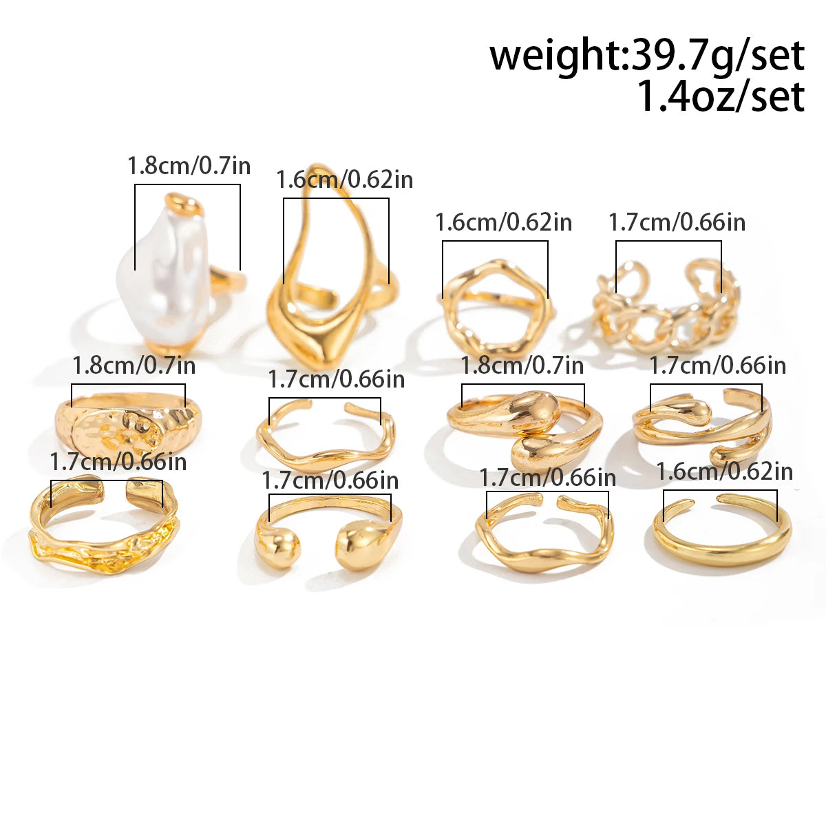 12Pcs/Set Vintage Imitation Pearl Water Drop Open Rings for Women Goth Irregular Geometric Ring Wedding Finger Jewelry