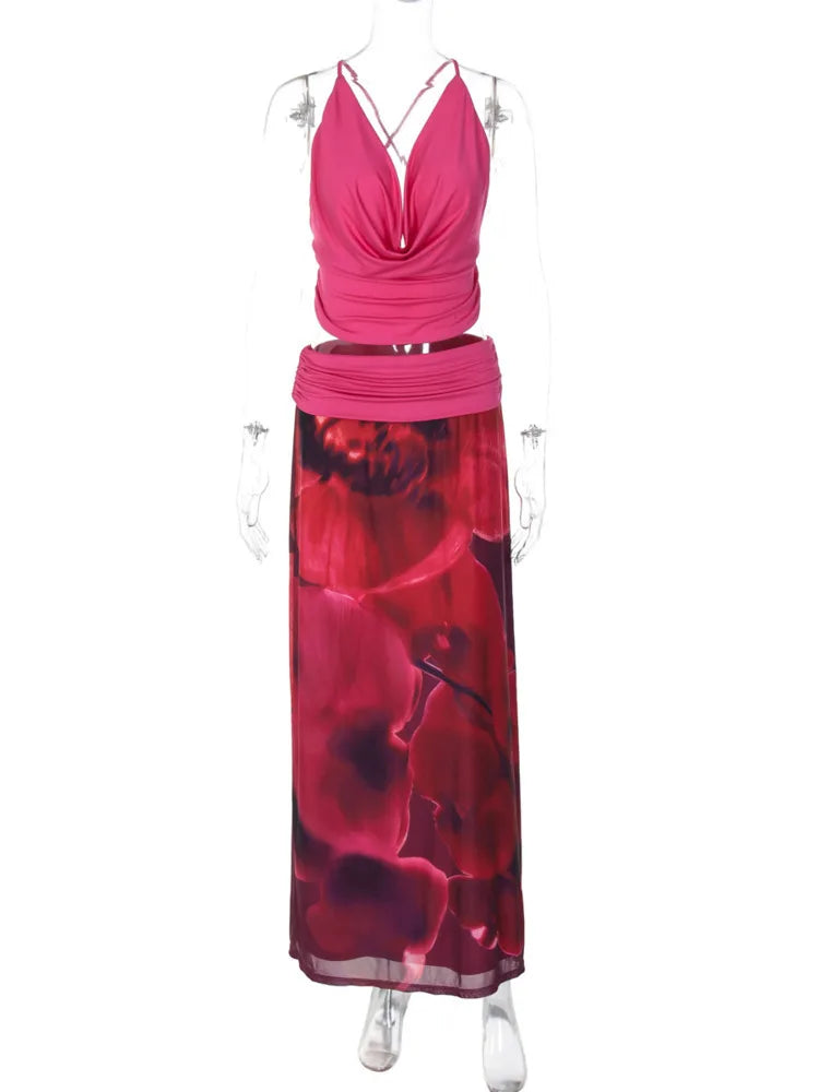 Mesh Print Sexy Dress Set Women Deep V Neck Tank Tops And Maxi Skirt Matching Sets Female Elegant Club Two Piece Set