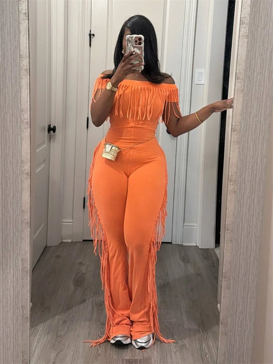 Tassel Patchwork Jumpsuits Women Slash Neck Short Sleeve Skinny Peach Hip 2025 Summer Street New Trend Solid Overalls