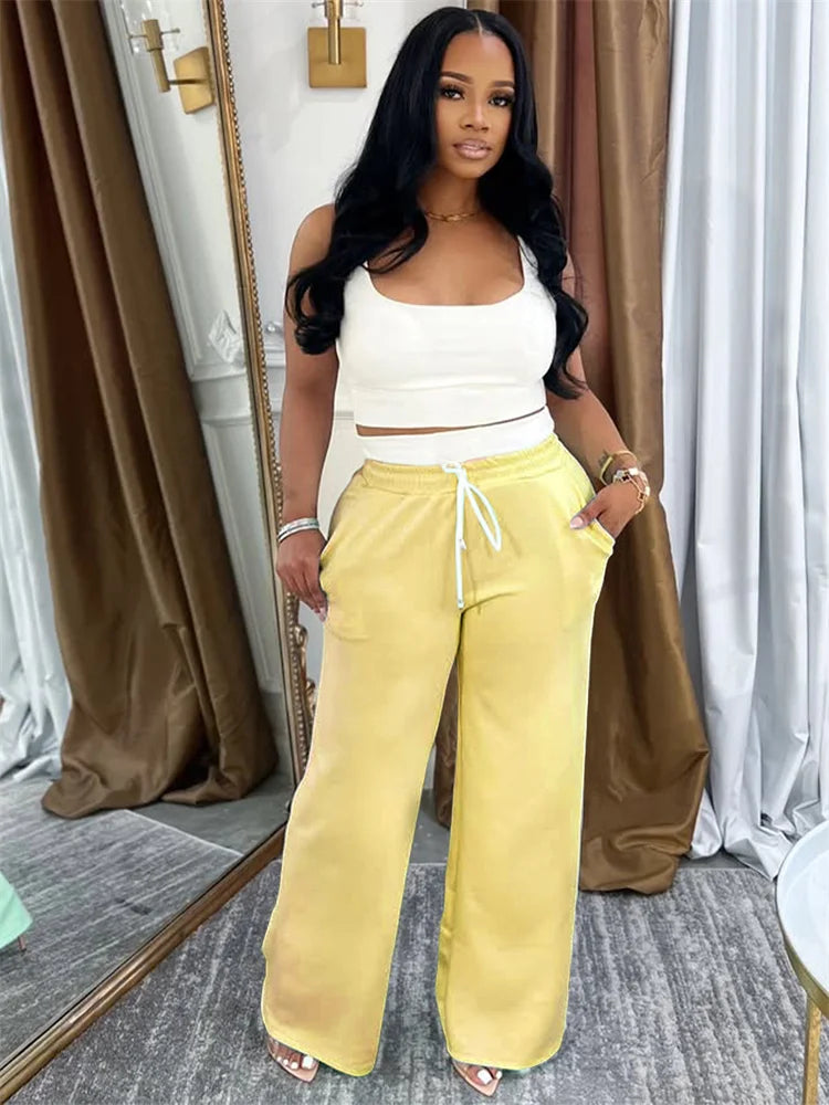 Casual Tracksuit 2 Piece Set Women Simple Solid Tank Tops+Drawstring Patchwork Straight Pants Fashion Sporty Sets