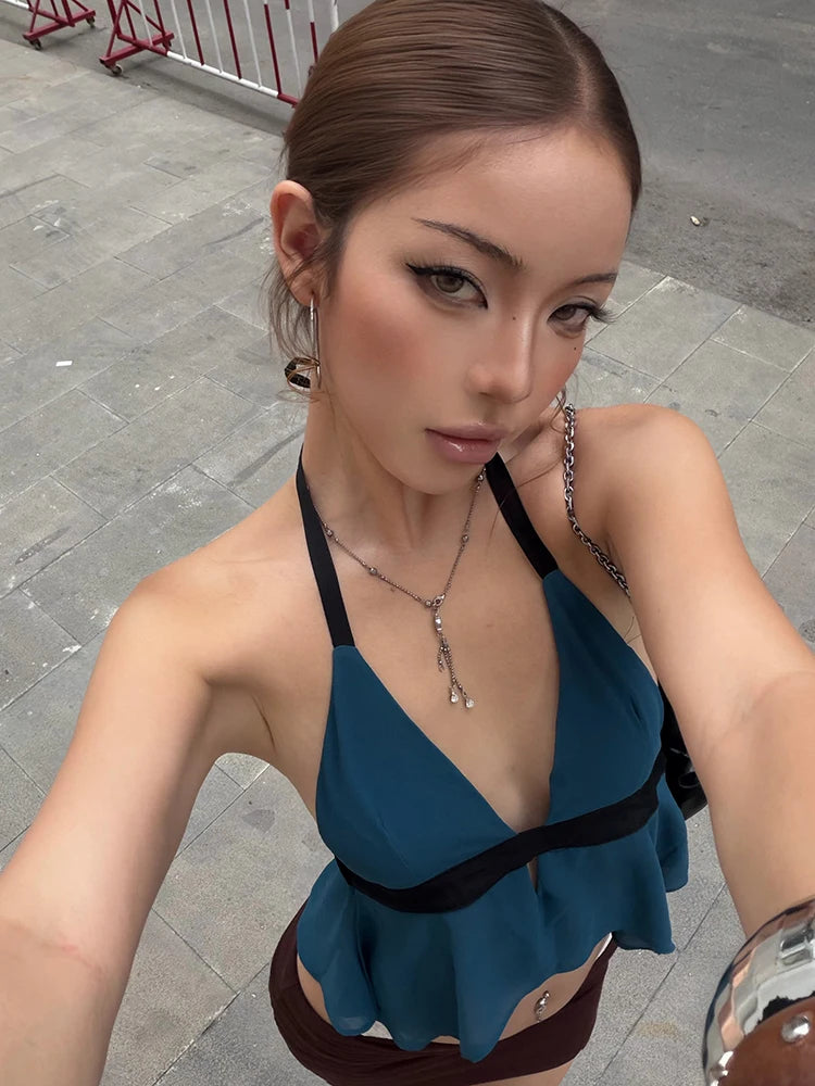 Irregular Hem Camisole Women Halter v-Neck Bandage Backless Sexy Midnight Hottie Hip-Hop Style Fashion Summer Tops