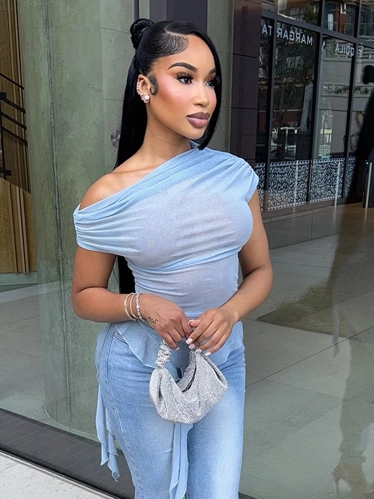 Sexy Sequins Glitter Skew Collar Crop Tops Women Irregular Ruffles Tassel Midnight Coquette Club Summer Trend Tees