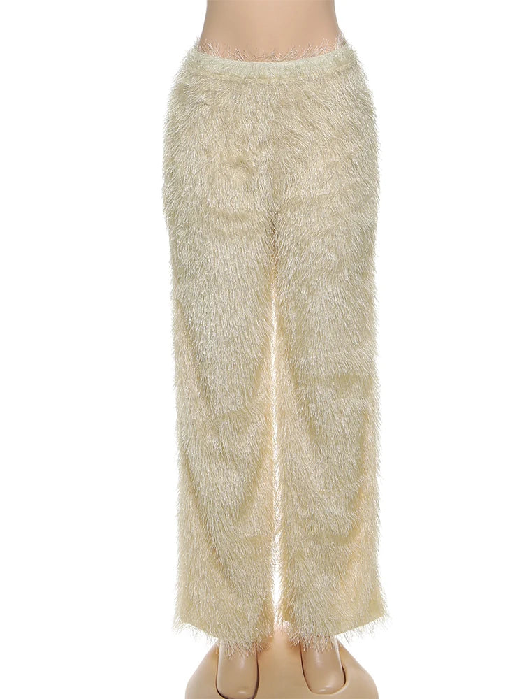 Furry Casual Straight Pants Women Y2K Simple Autumn Trend Basic Wild Streetwear Sweatpants Skinny Hipster Trousers