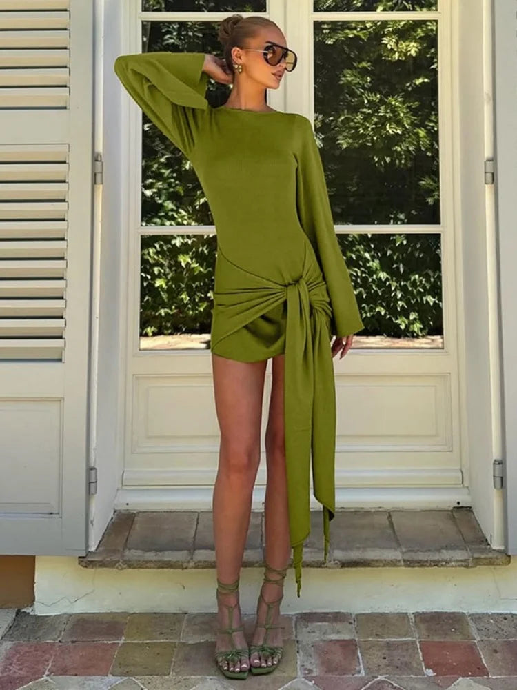 Lace Up Long Sleeve Short Dresses for Woman Fall 2025 Beautiful Ladies Dress Green Black