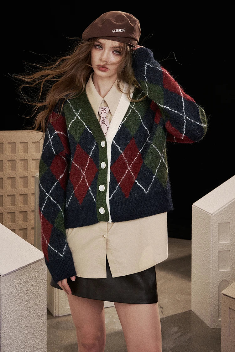 2025 V Neck Cardigan Women, Loose Preppy Wool Blend Sweater, Y2K Diamond Pattern Open Front Knit Top