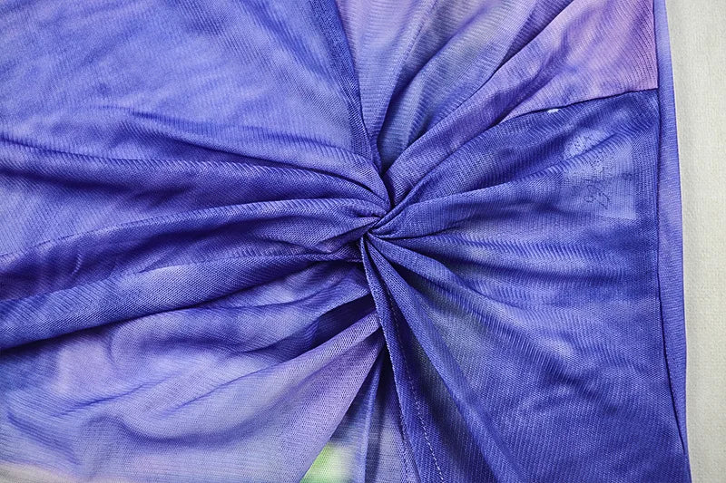 Contrast Patchwork Mesh Dress Women o-Neck Flared Sleeve Ruched Kink High Splits Hem Midnight Sexy Fashion Long Dress