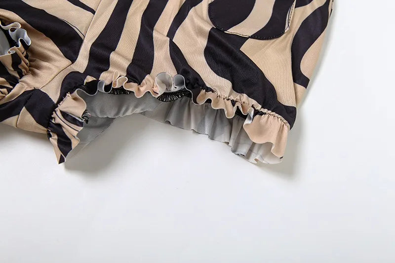 2 Pieces Set Crew Neck Long Sleeve Print Mesh Top and Frilly Shorts Sexy Nightclub Outfits Woman Fall 2025