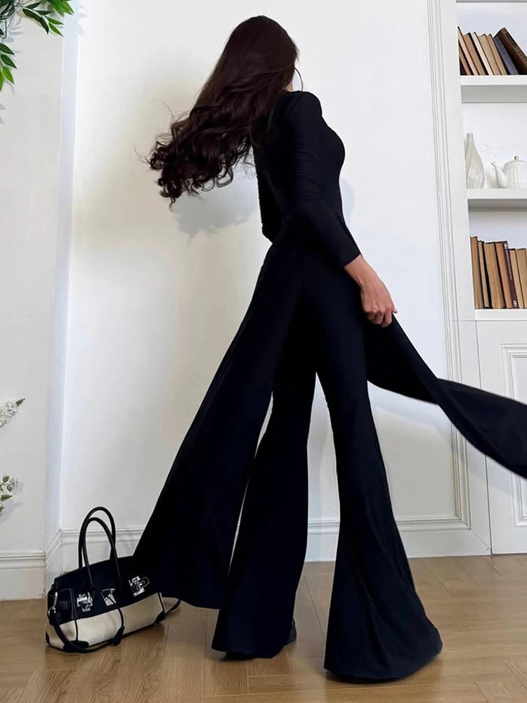 Casual Elegant 2 Piece Set Women o-Neck Skinny High Splits Maxi Dress+Solid Straight Pants Daily Simple Fashion Suit