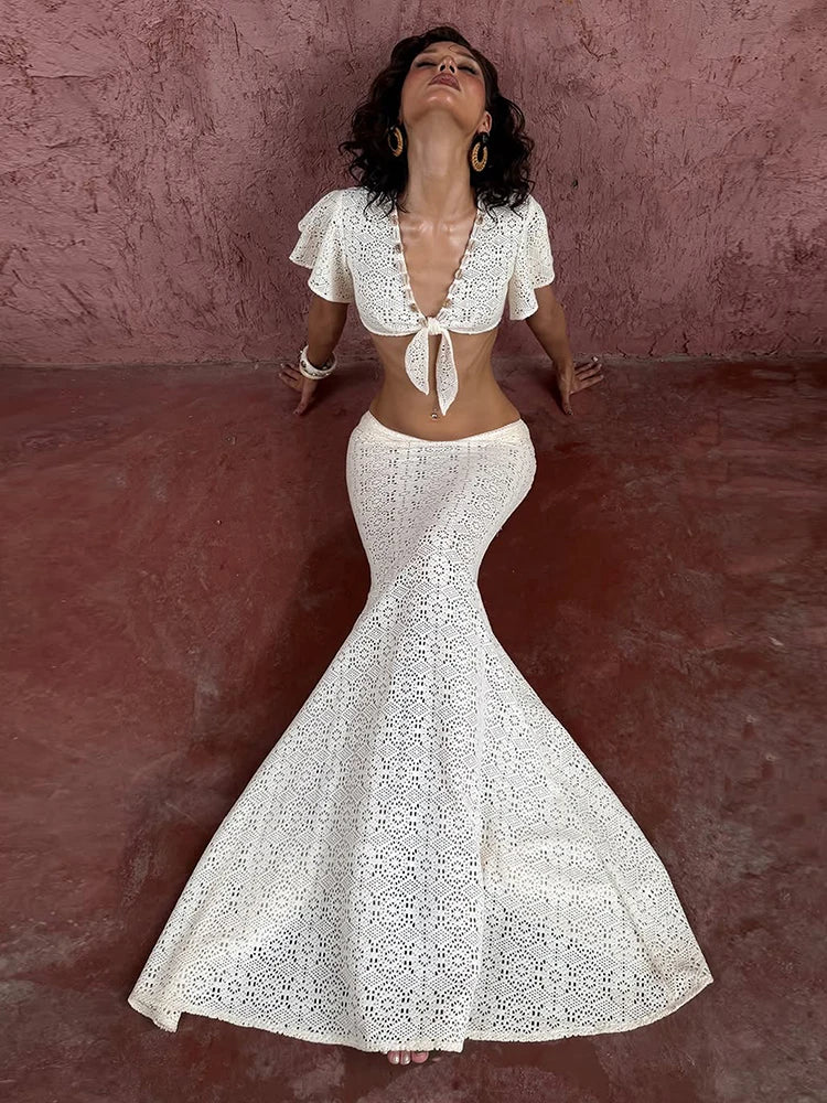 Jacquard Knit 2 Piece Set Women Elegant Ruffled Bead V-Neck Bandages Crop Tops+Long Skirt Fashion Vacation Party Suit