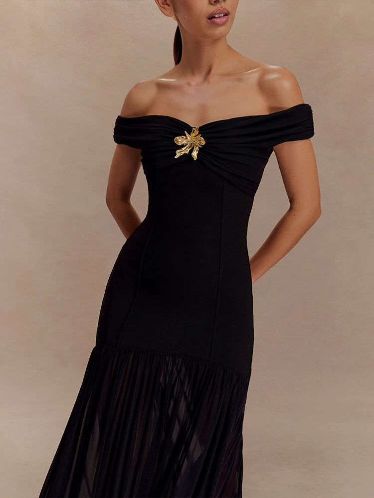 Off-shoulder Backless Sexy Maxi Dress Women Metal Flower Pink Patchwork Sleeveless Ruched Pleated Club Party Dress 2025