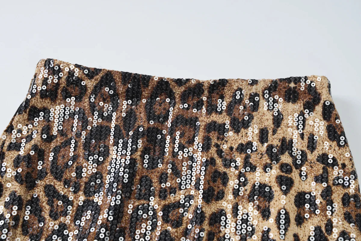 Leopard Print Sequin Backless Halter Top and Mini Skirt Two Piece Set Women Sexy Going Out Club Outfits