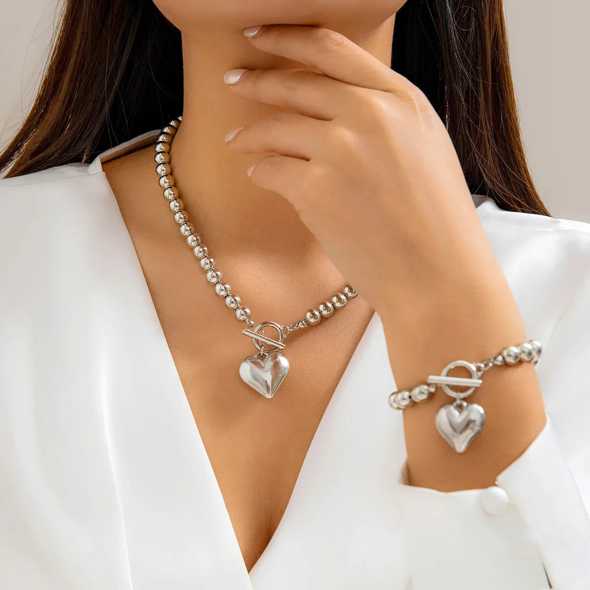 2Pcs Creative Punk Big Love Heart OT Buckle Pendant Choker Necklace Women Vintage CCB Beads Chain Bracelets Grunge Jewelry Set