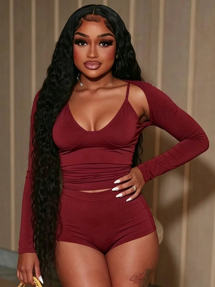 Trend 3 Piece Set Women Fashion Low-Neck Backless Camisole+Bike Shorts+Full Sleeve Jacket Simple Street Sport Suits