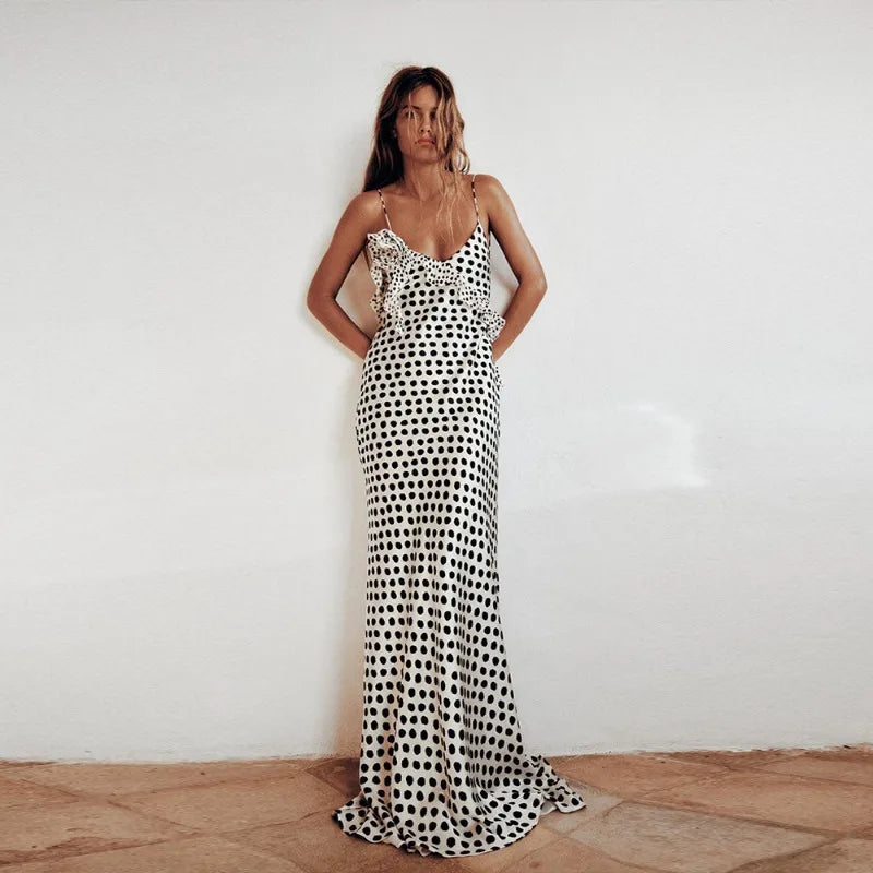Polka-dot Vacation Beach Dresses Woman Summer Elegant Sexy 3d Floral-applique Ruffle Backless Maxi Dress