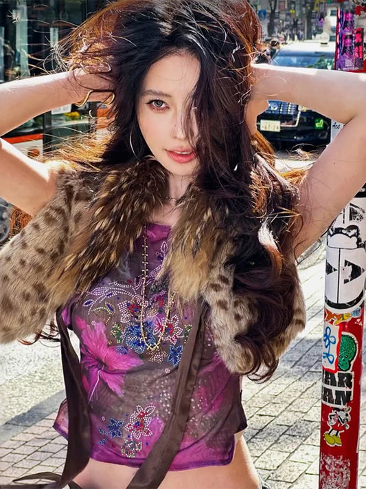 Leopard Print Furry Tank Tops Women Bandages Patchwork Sleeveless Autumn Sexy Trend  Midnight Wild Club Streetwear
