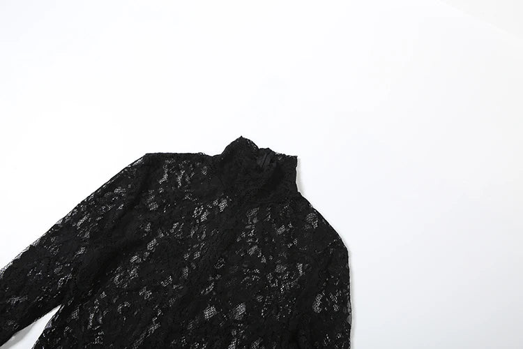 Lace Patchwork Maxi Dress Women Turtleneck Full Sleeve Skinny Folds Zipper Sexy Midnight Fashion Prom Party Chic Vestidos