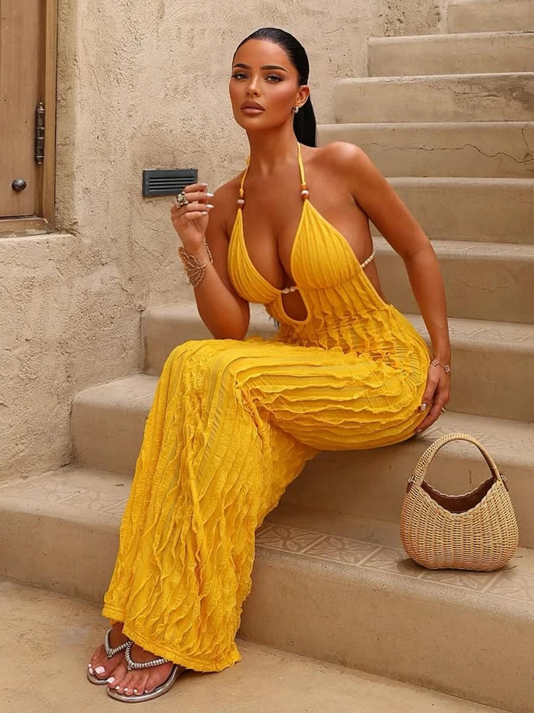 Ruched Elegant Maxi Dress Women Beads Lace-Up Halter Low-Neck Backless Vacation Street Fashion Solid Skinny Vestidos