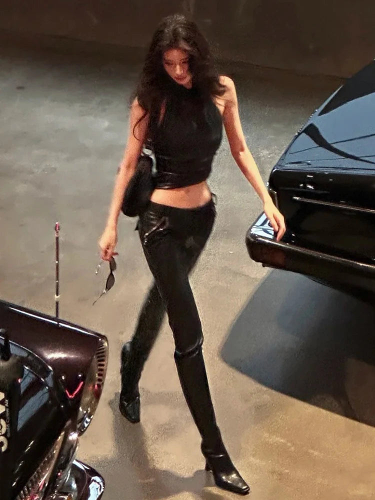 Faux Leather Vest Women Halter Backless Folds Solid Classic Sexy Midnight Music Festival Hip-Hop Style Streetwear