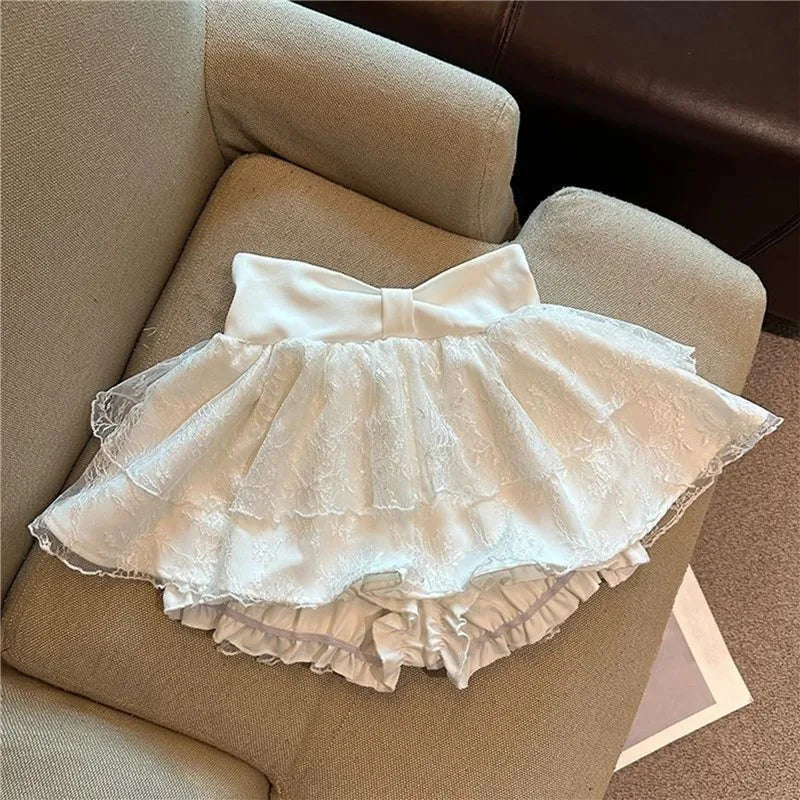 Balletcore Sweet Lace Layered Skort Ladies Large Bow Waist Ruffled Mini Skirt Built In Shorts Y2K Kawaii Going Out Skirt