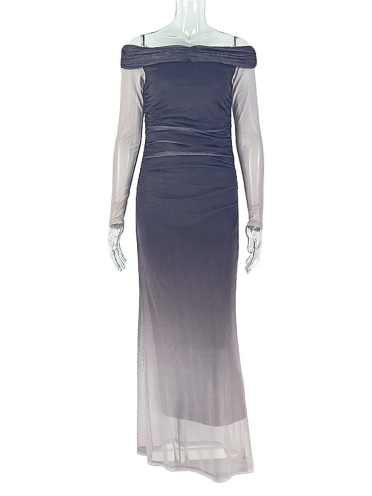 Mesh Gradient Maxi Dress Women Ruched Slash Neck Backless Full Sleeve Vacation Street Fashion Elegant Skinny Vestidos
