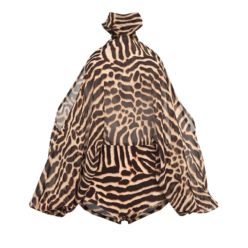 Tiger Print 2-Piece Set Women Halter Bandage Off-Shoulder See Through Lantern Sleeve Vest+Simple Short Sexy Suits