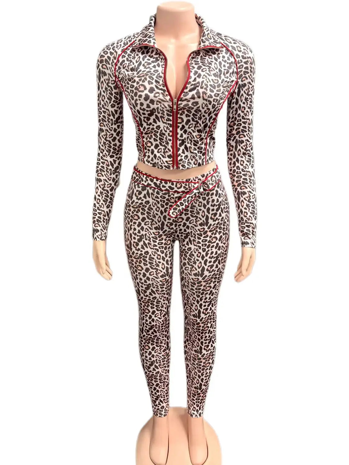 Leopard Print 2 Piece Set Women Tracksuit Casual Crop Jacket+Metal Sash Leggings Street Matching Club Stretch Outfits