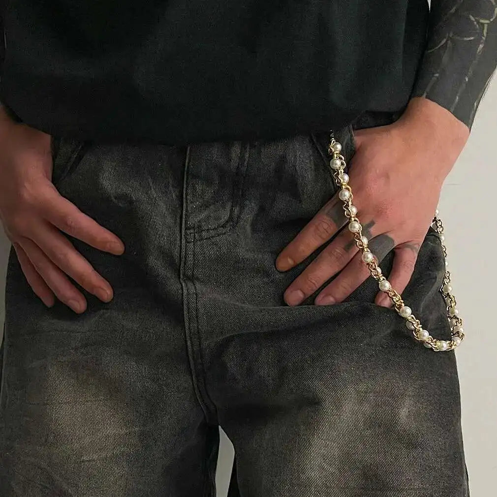 Punk Imitation Pearl Trousers Hipster Pant Jean Keychain Ring Clip for Men Tassel Bag Handbag Chain Women Jewelry Gift