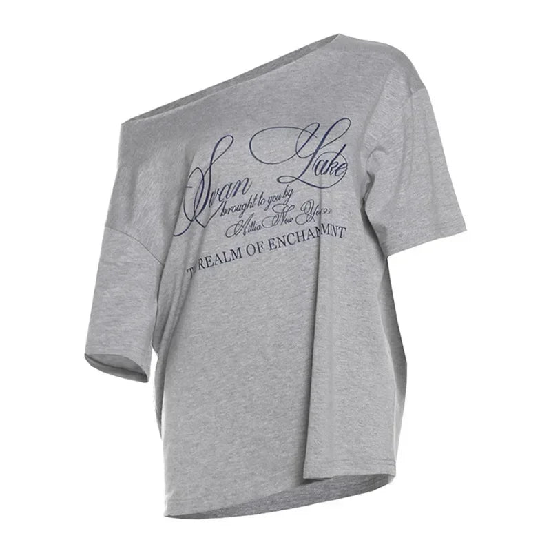 Letter Print Graphic T Shirts White Oversized One Shoulder Tops Womens Summer Fashion Clothing Trends 2024