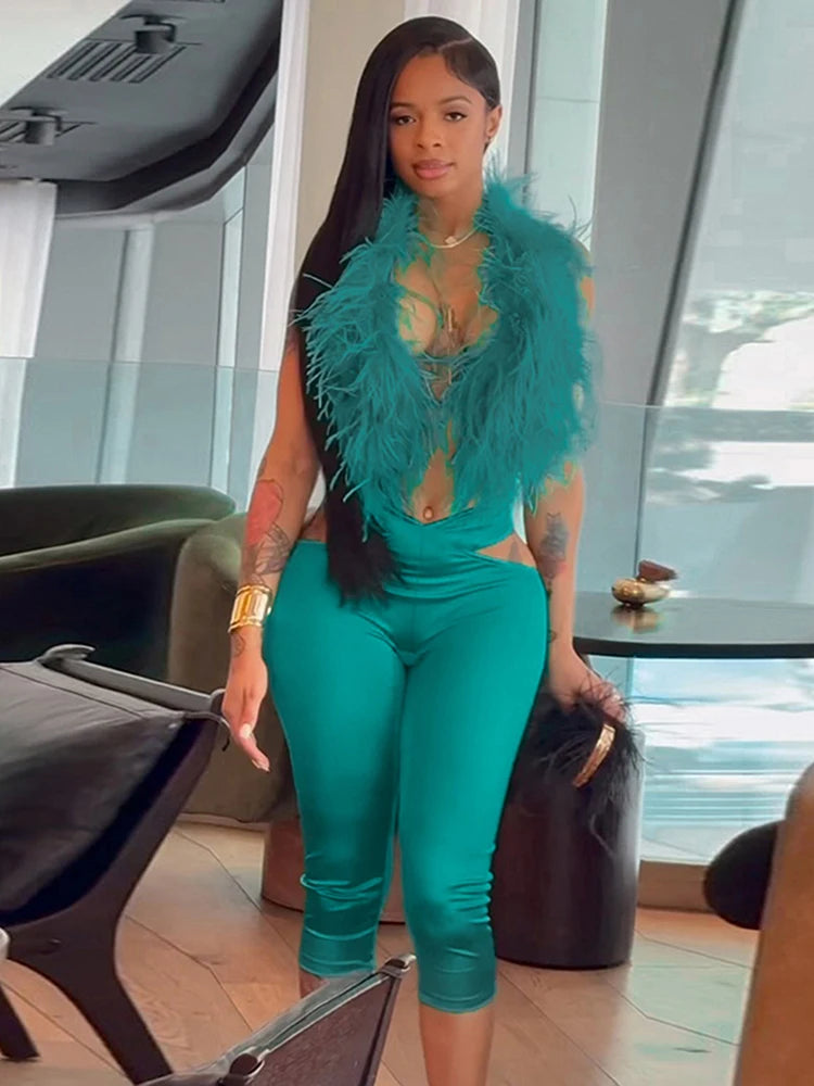 Furry Sexy 2 Piece Set Women Tracksuit Backless Tank Tops+High Waist Hollow Bike Shorts Nightclub Matching Outfits