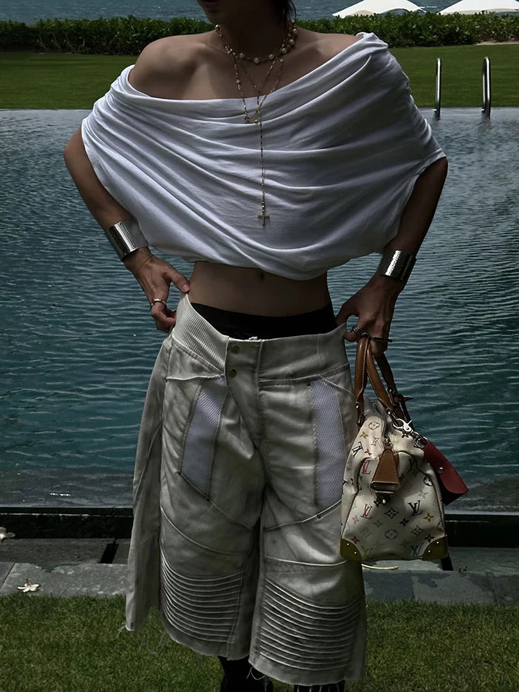 One Shoulder Crop Tops Women Folds Skinny Loose Summer Korean Style Simple Classic Casual Street Daily Harajuku Tops