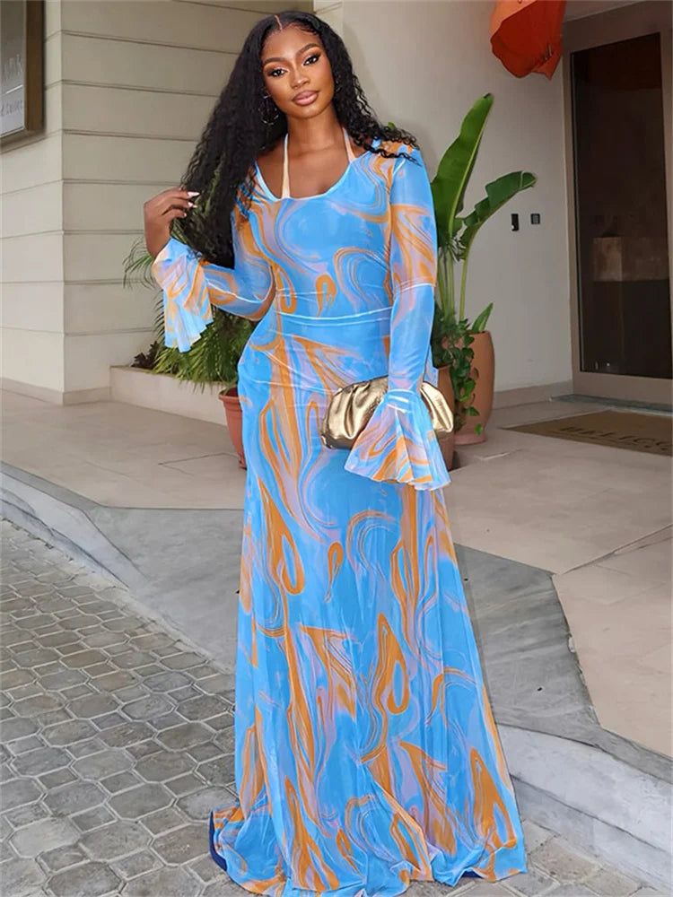 Tie-Dye Print Maxi Dress Women Autumn New Trend Bandage Halter o-Neck Flare Sleeve Street Fashion Elegant Vestidos