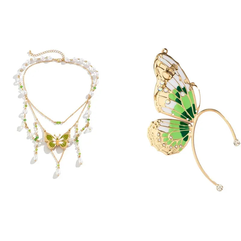 2Pcs Kpop Multilayer Lovely Butterfly Pendant Tassel Necklace Clip Earrings for Women Wed Bridal Exquisite Chain Y2K Jewelry Set