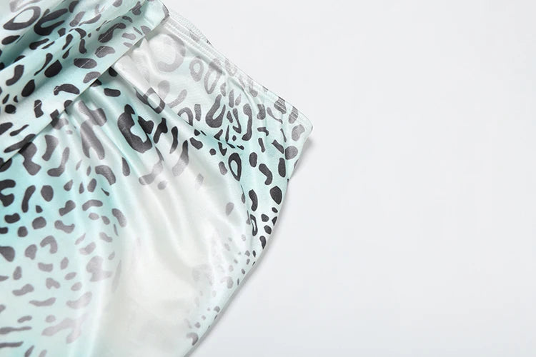 Leopard Print 2 Piece Set Women Sexy Y2K See Through Bodysuit+Ruched Ribbon Thick Skirts Matching Vacation Clubwear