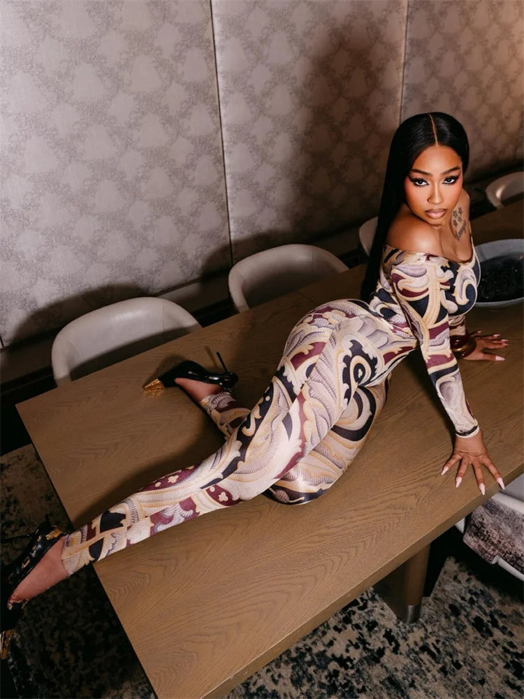 Slash Neck Jumpsuit Women Hipster Colorful Print Full Sleeve Stretch Skinny Fitness Activity Workout Slim Streetwear