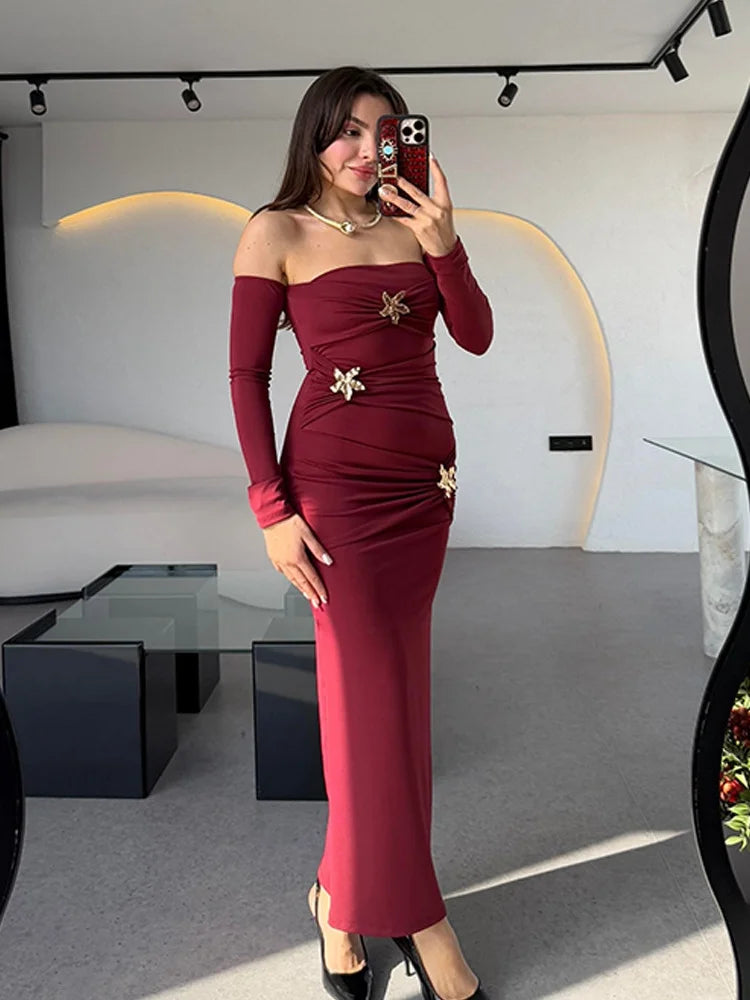 3d Flower Buckle Off The Shoulder Long Sleeve Evening Dress Women Elegant Sexy Birthday Dinner Outfit