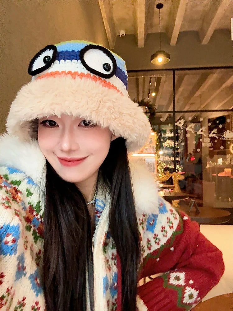Cute Rainbow Striped Crochet Eye Plush Brim Hat For Women