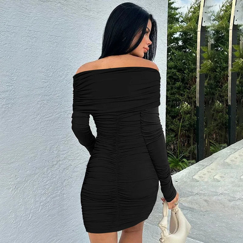 Off Shoulder Long Sleeve Ruched Mini Dress Sexy Going Out Dresses for Women Club Outfits Winter 2024