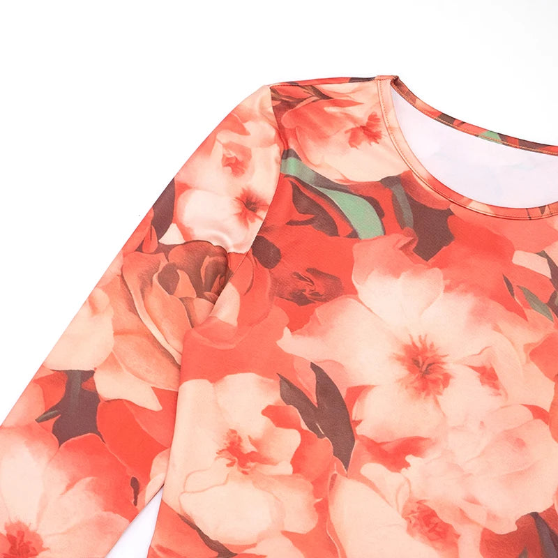 Flowers Print 2 Piece Set Women Tracksuit Full Sleeve o-Neck Crop Tops+Leggings Matching Skinny Streetwear Outfits